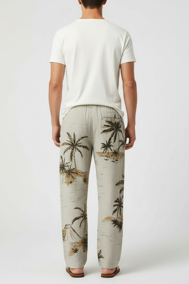 Pantalon Beige Ample Cordon Imprimé Palmier Homme - Lin - vue 2