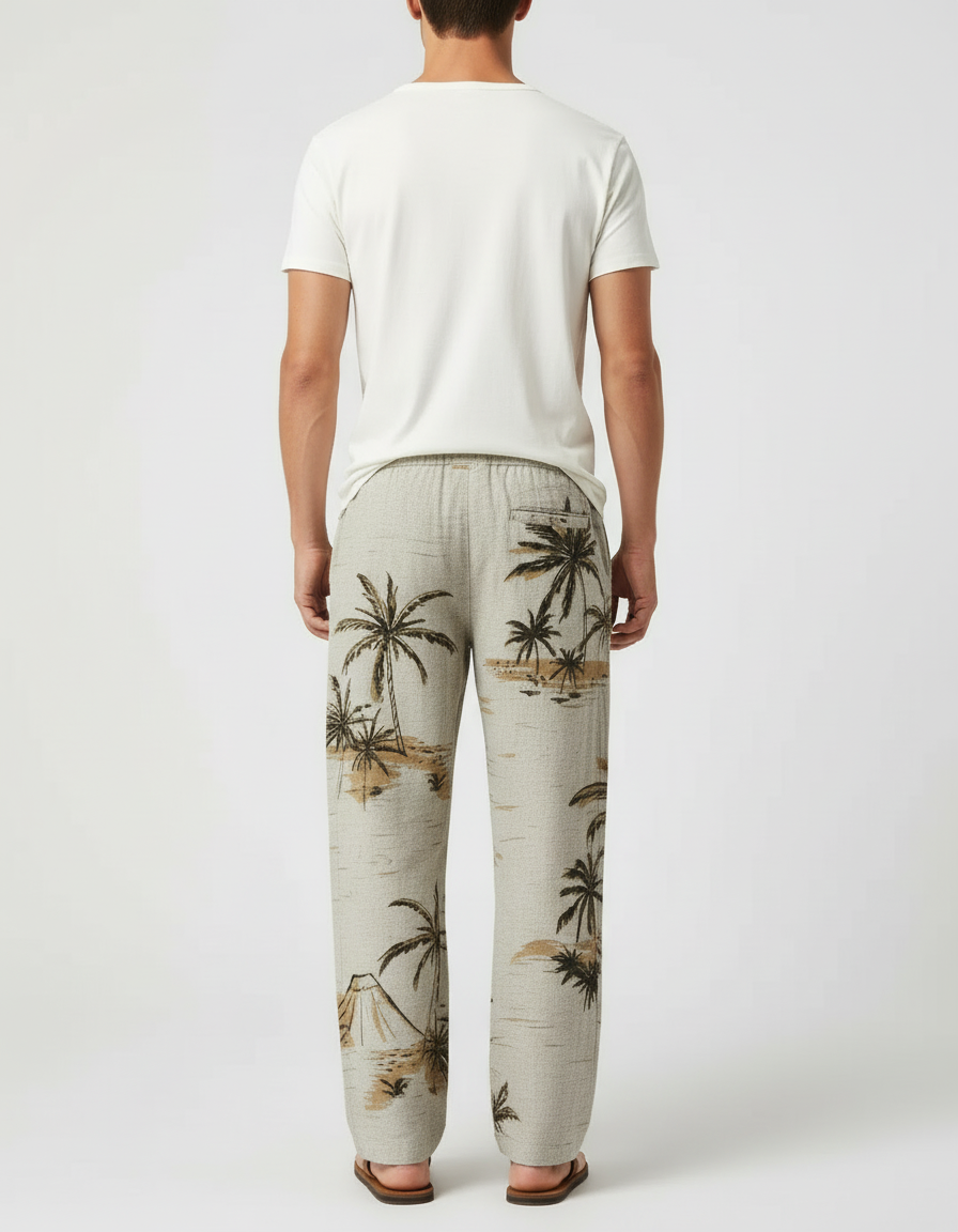 Pantalon Beige Ample Cordon Imprimé Palmier Homme - Lin - vue 2