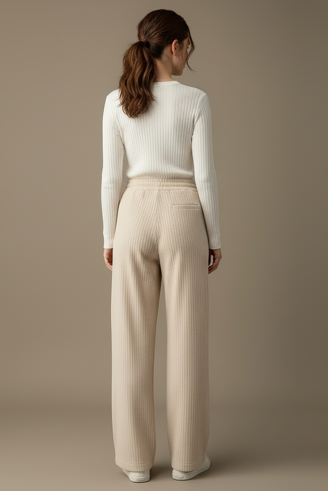 Pantalon Beige Côtelé Ample Droit Cordon - Maille - vue 2