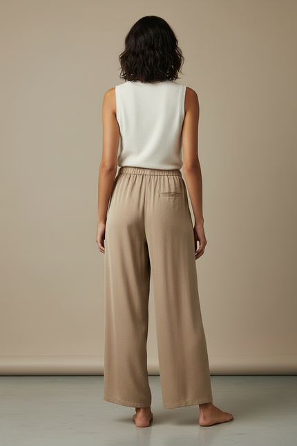Pantalon Beige Fluide Satiné Ample Décontracté Cordon - vue 2