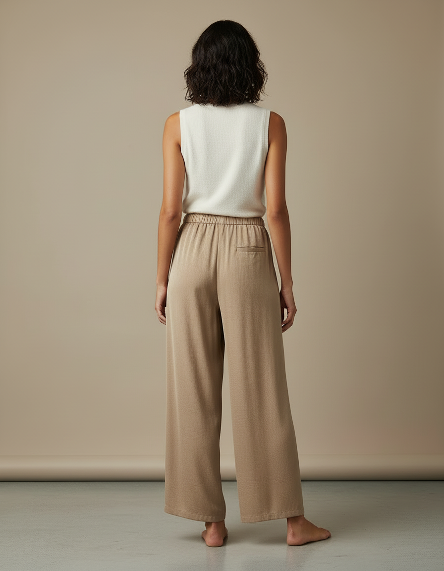 Pantalon Beige Fluide Satiné Ample Décontracté Cordon - vue 2