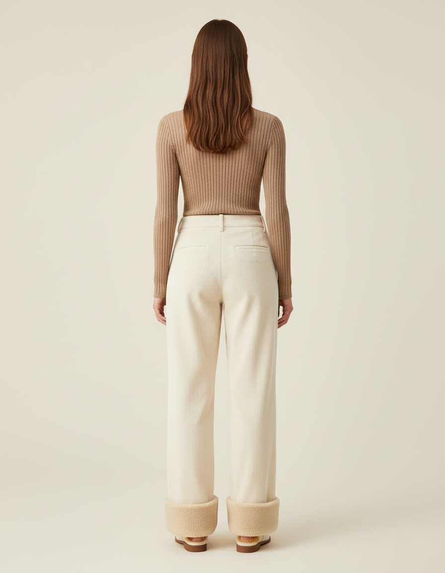 Pantalon Beige Côtelé Ample Plissé Doublé Femme - Cordé - vue 2