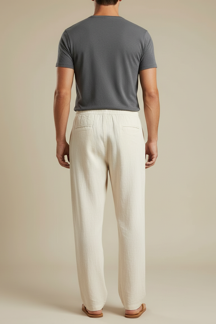 Pantalon Beige Lin Ample Cordon Homme Décontracté - vue 2