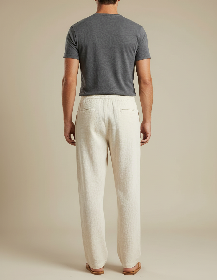 Pantalon Beige Lin Ample Cordon Homme Décontracté - vue 2