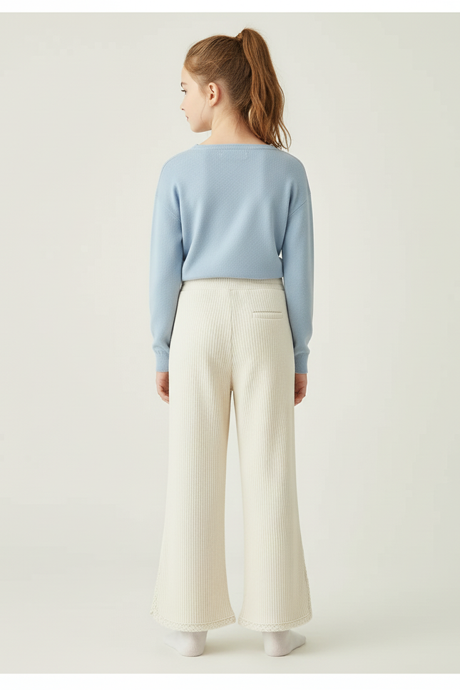 Pantalon Beige Côtelé Ample Évasé Dentelle Fille - Maille - vue 2