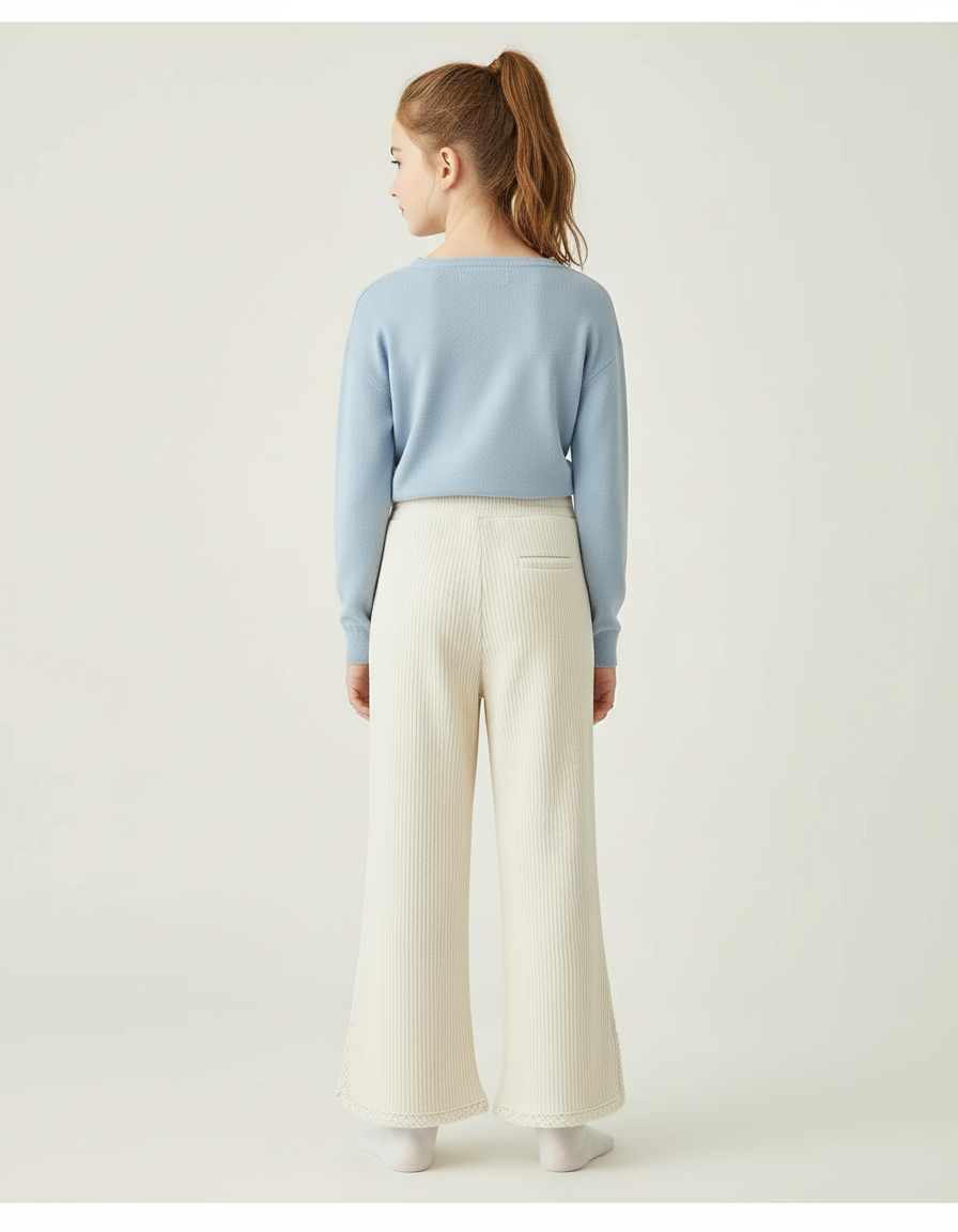 Pantalon Beige Côtelé Ample Évasé Dentelle Fille - Maille - vue 2