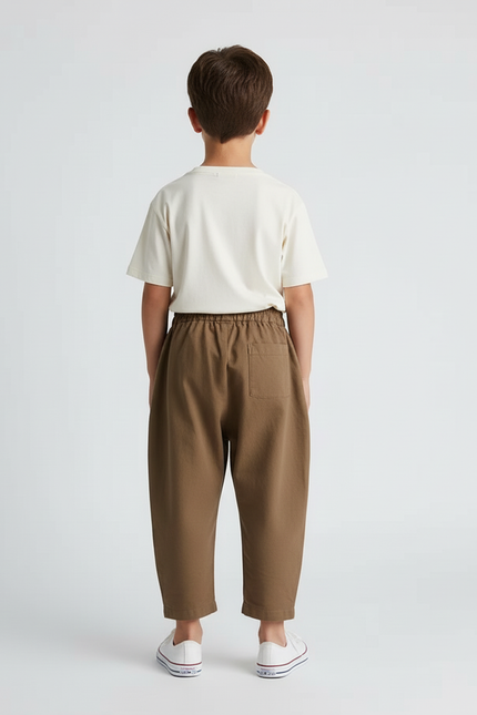 Pantalon Beige Coton Ample Unisexe Élastiqué Plissé - Marron - vue 2
