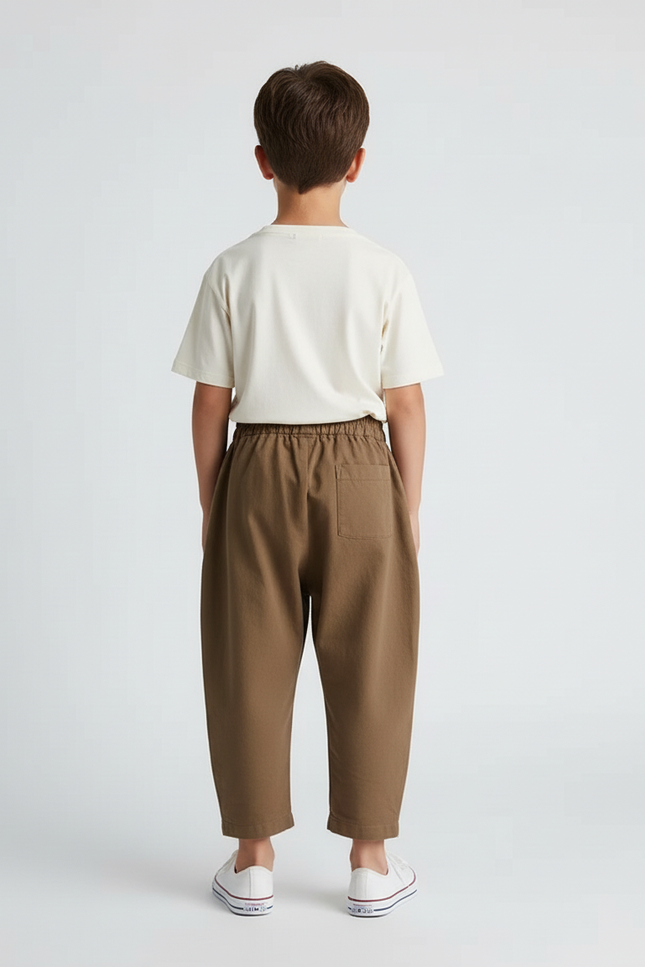 Pantalon Beige Coton Ample Unisexe Élastiqué Plissé - Marron - vue 2