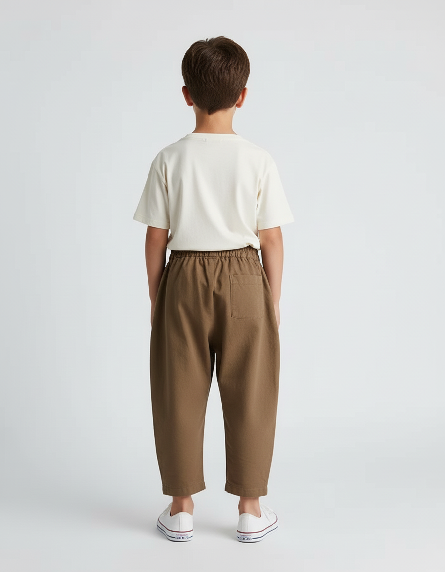 Pantalon Beige Coton Ample Unisexe Élastiqué Plissé - Marron - vue 2
