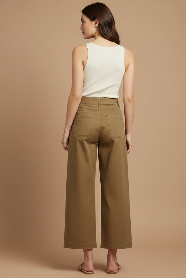 Pantalon Beige Coton Ample Taille Haute Cargo - Kaki Toile - vue 2