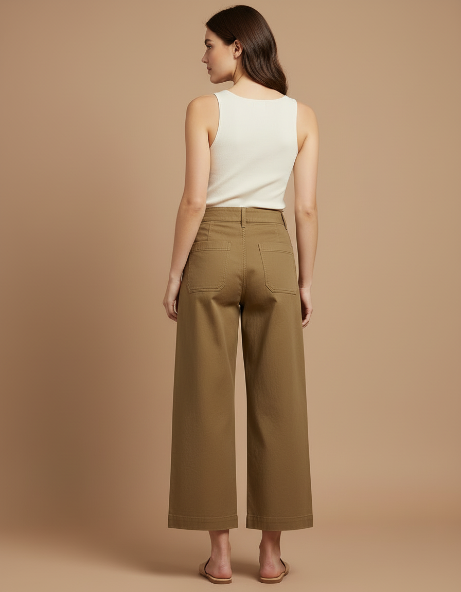 Pantalon Beige Coton Ample Taille Haute Cargo - Kaki Toile - vue 2