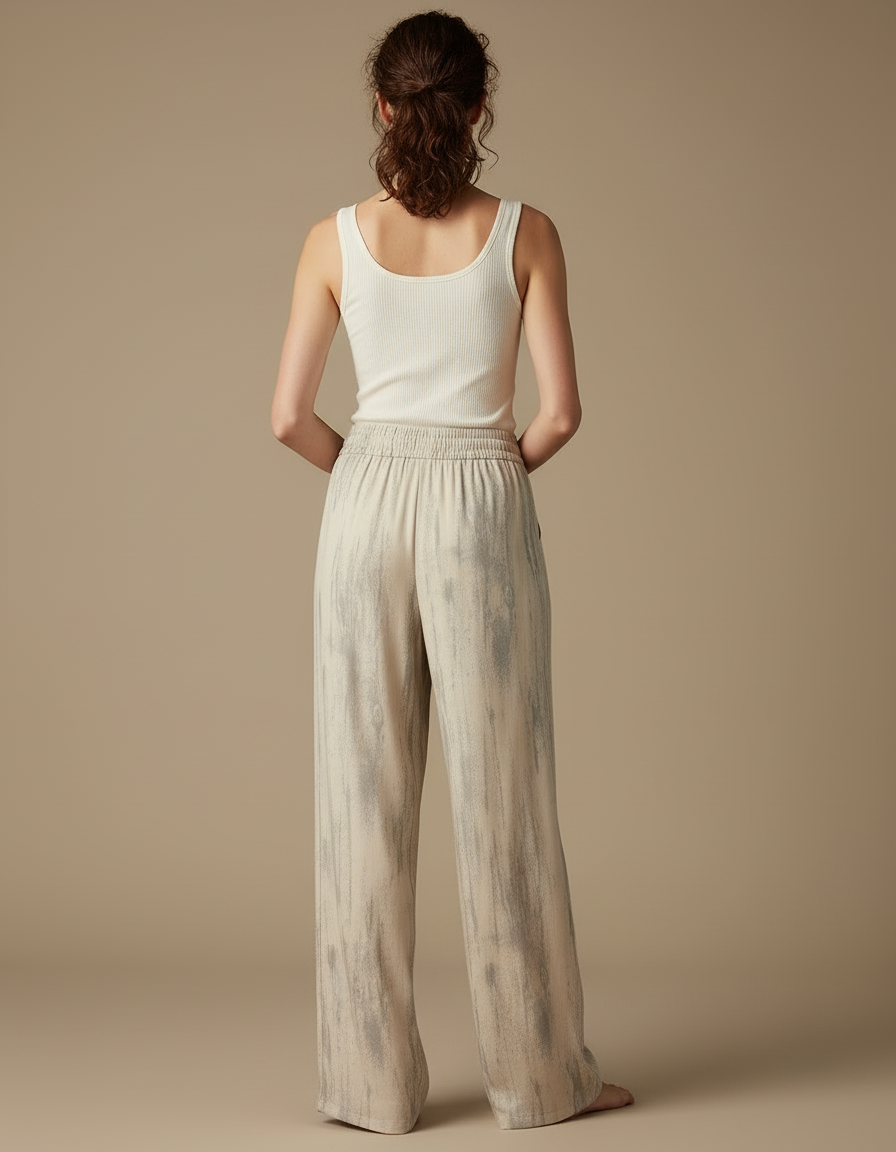 Pantalon Beige Fluide Ample Imprimé Décontracté Femme - Viscose - vue 2