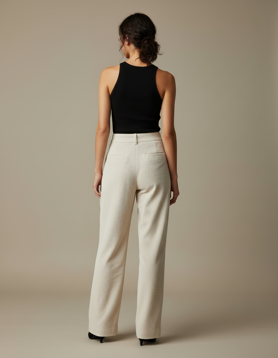Pantalon Beige Côtelé Droit Taille Haute Décontracté - Cordé - vue 2