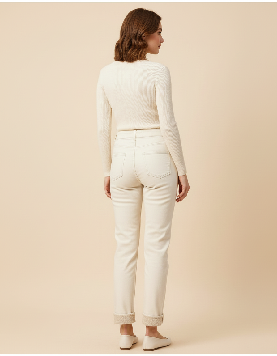 Pantalon Beige Velours Épais Taille Haute Slim - vue 2