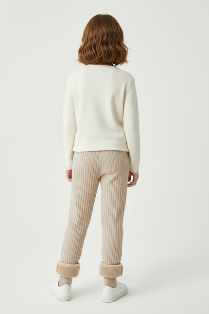 Pantalon Beige Côtelé Doublé Polaire Fille Confortable - Maille - vue 2
