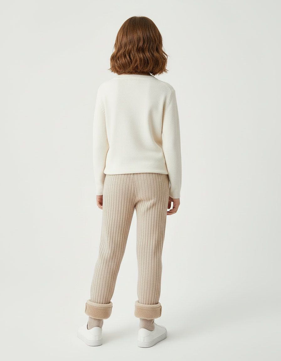 Pantalon Beige Côtelé Doublé Polaire Fille Confortable - Maille - vue 2