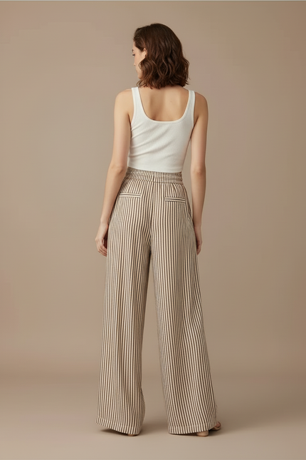 Pantalon Beige Rayé Fluide Ample Taille Haute - Lin - vue 2