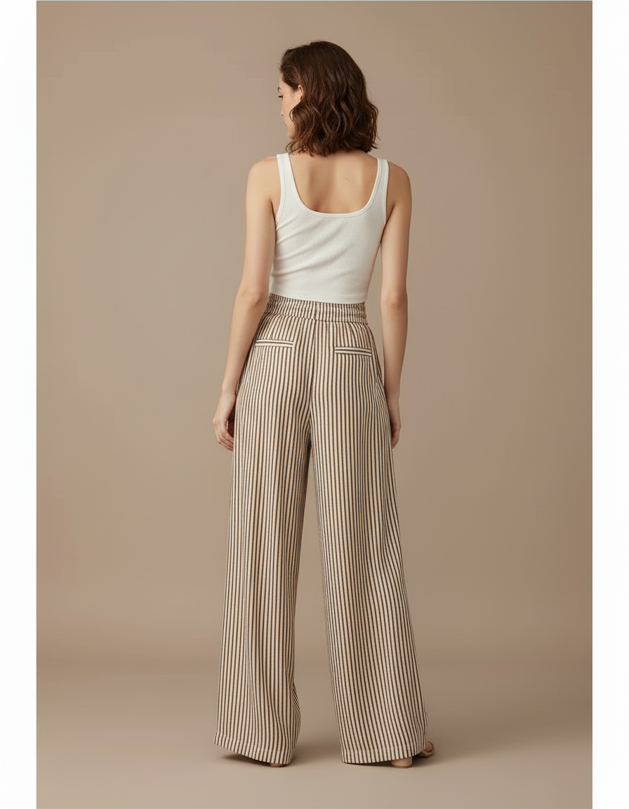 Pantalon Beige Rayé Fluide Ample Taille Haute - Lin - vue 2