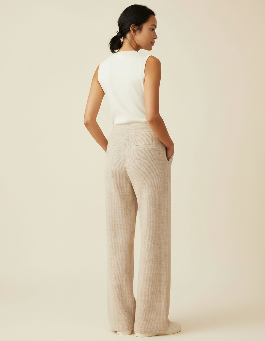Pantalon Beige Maille Ample Cordon Décontracté Fluide - vue 2