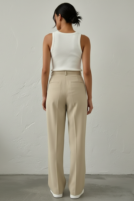Pantalon Beige Large Plissé Chic Taille Haute Femme - Gabardine - vue 2