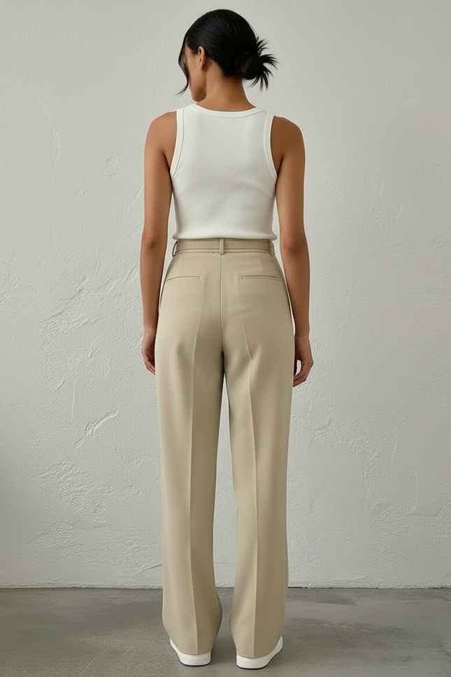 Pantalon Beige Large Plissé Chic Taille Haute Femme - Gabardine - vue 2