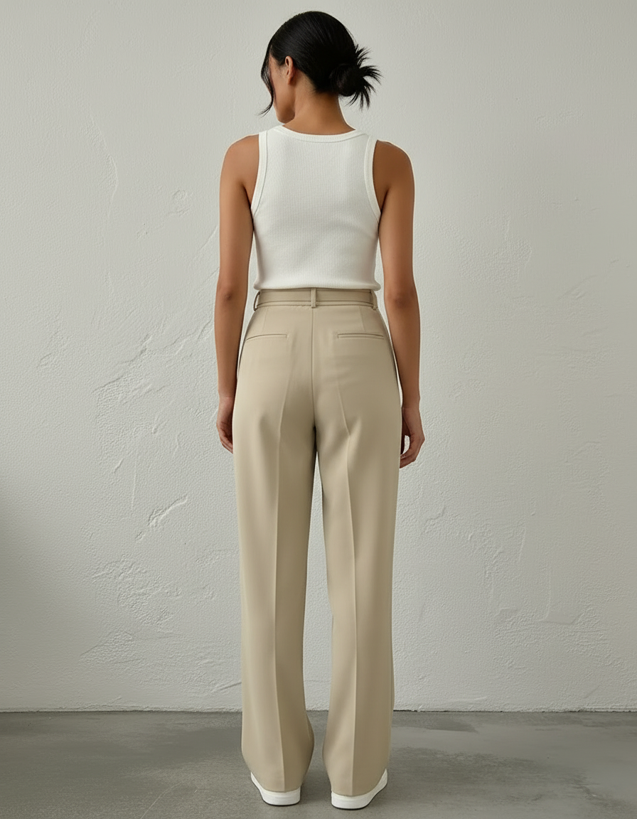 Pantalon Beige Large Plissé Chic Taille Haute Femme - Gabardine - vue 2