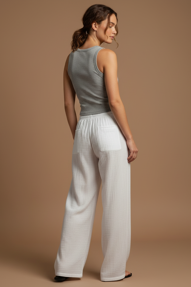 Pantalon Beige Fluide Ample Cordon Décontracté Femme - Blanc Coton - vue 2