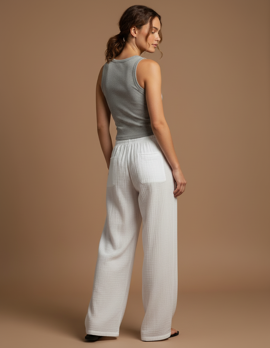 Pantalon Beige Fluide Ample Cordon Décontracté Femme - Blanc Coton - vue 2