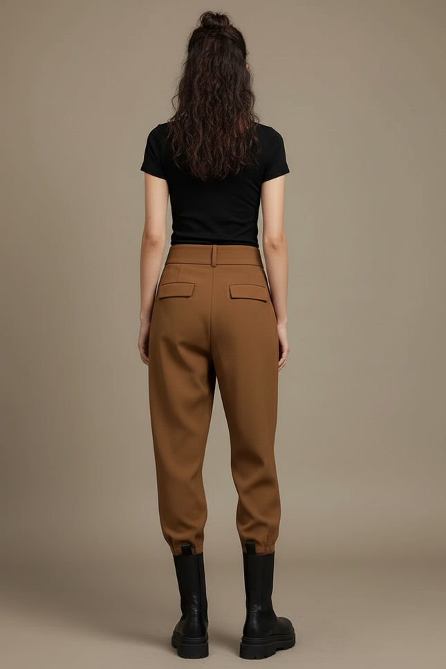 Pantalon Beige Ample Taille Haute Décontracté Élégant - Camel Gabardine - vue 2