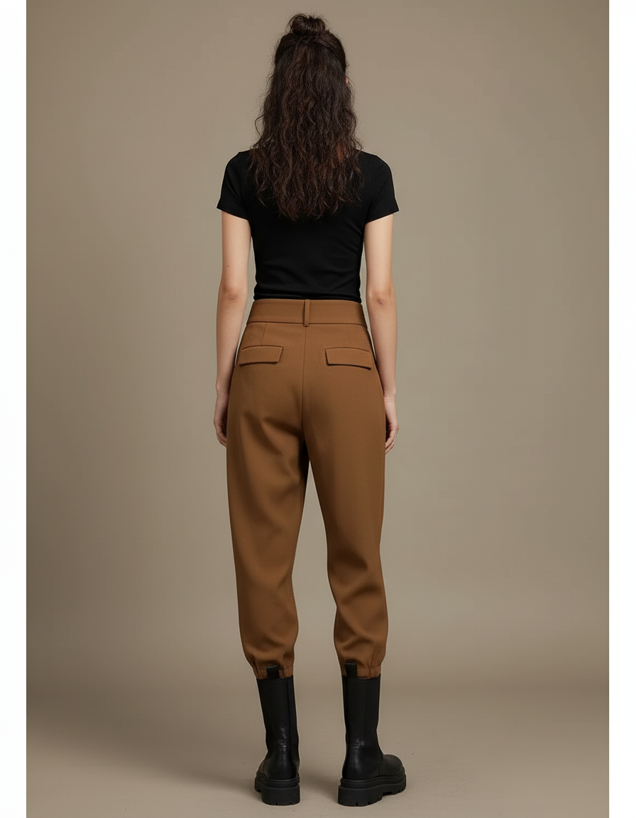 Pantalon Beige Ample Taille Haute Décontracté Élégant - Camel Gabardine - vue 2