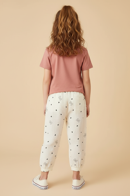 Pantalon Beige Gaze Coton Imprimé Cœurs Nœuds Fille - vue 2