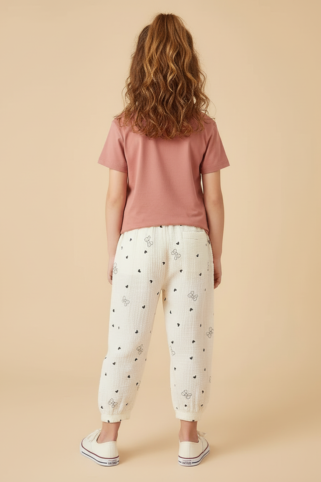 Pantalon Beige Gaze Coton Imprimé Cœurs Nœuds Fille - vue 2