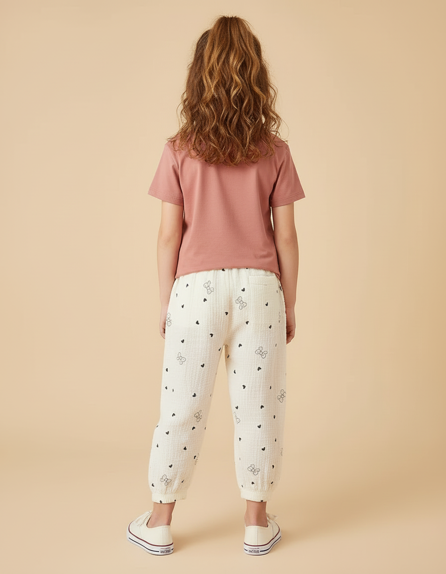 Pantalon Beige Gaze Coton Imprimé Cœurs Nœuds Fille - vue 2