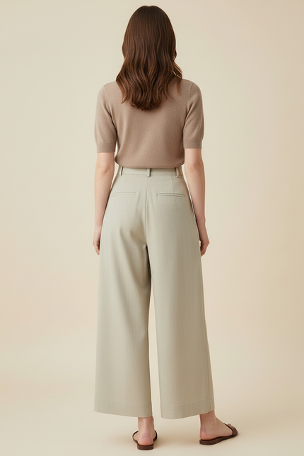 Pantalon Beige Ample Plissé Taille Haute Fluide - Kaki Viscose - vue 2