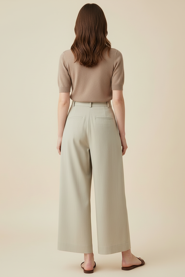 Pantalon Beige Ample Plissé Taille Haute Fluide - Kaki Viscose - vue 2