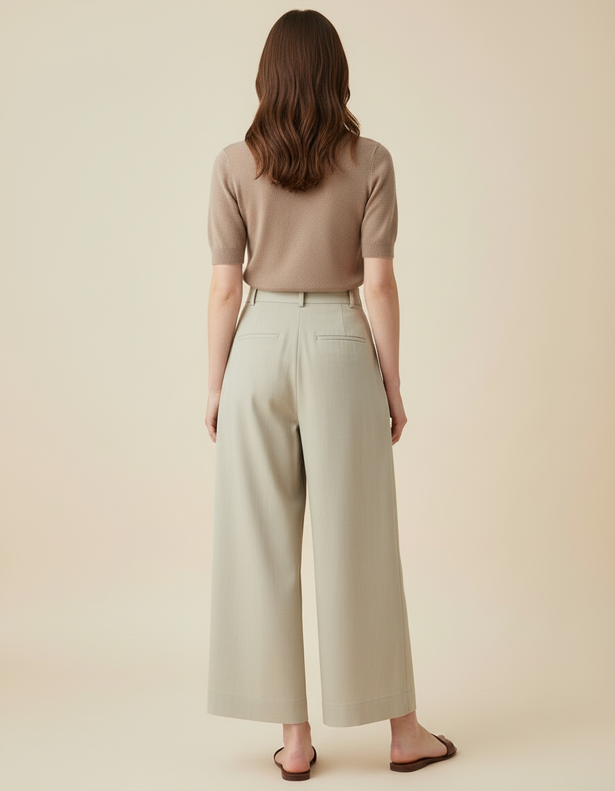 Pantalon Beige Ample Plissé Taille Haute Fluide - Kaki Viscose - vue 2