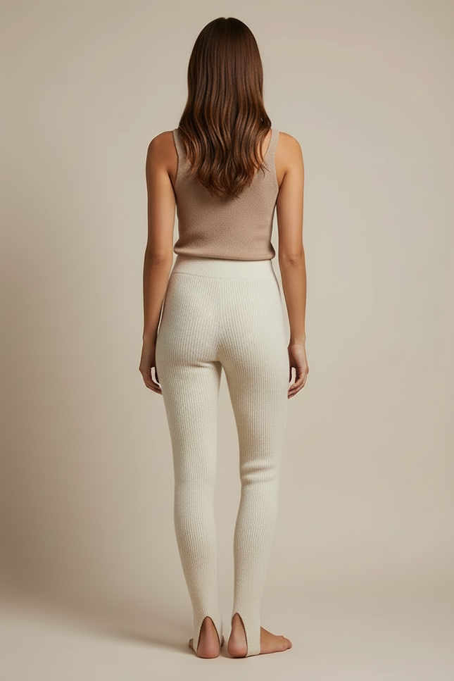 Pantalon Beige Côtelé Tricoté Taille Haute Femme - Laine - vue 2