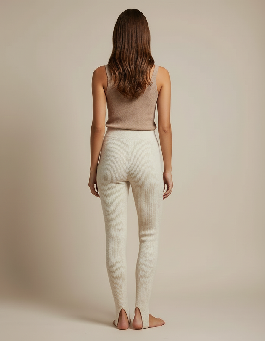 Pantalon Beige Côtelé Tricoté Taille Haute Femme - Laine - vue 2