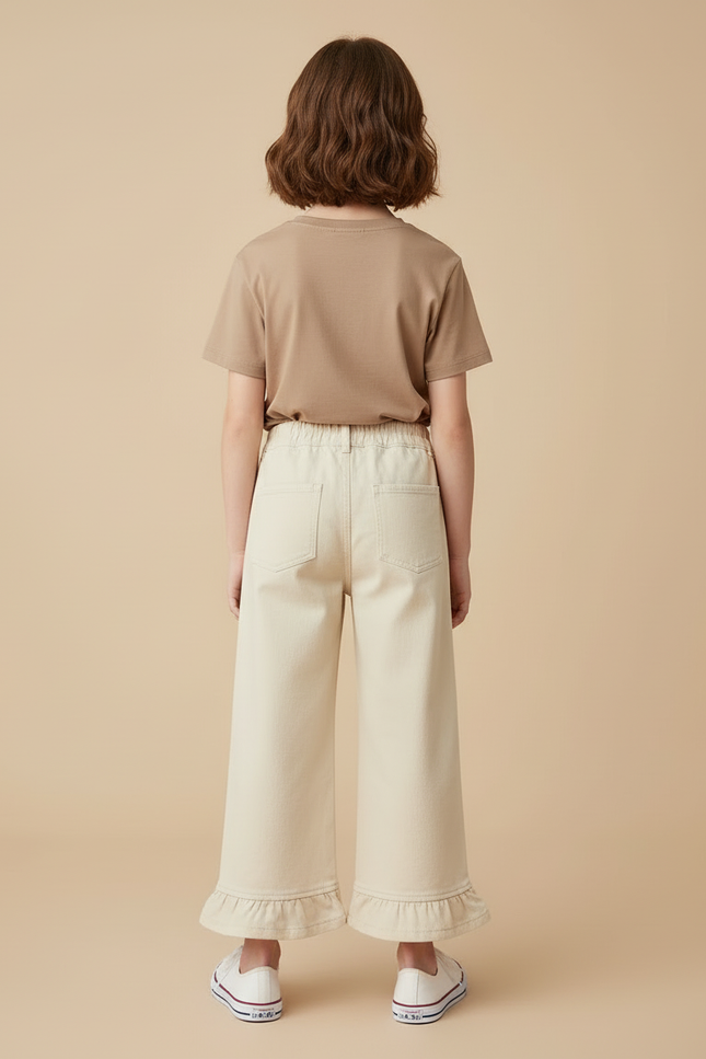 Pantalon Beige Ample Brodé Volants Enfant Coton - vue 2