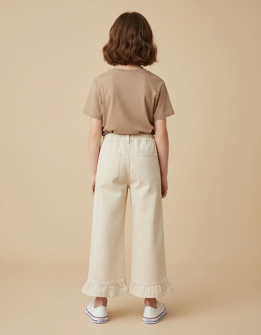 Pantalon Beige Ample Brodé Volants Enfant Coton - vue 2