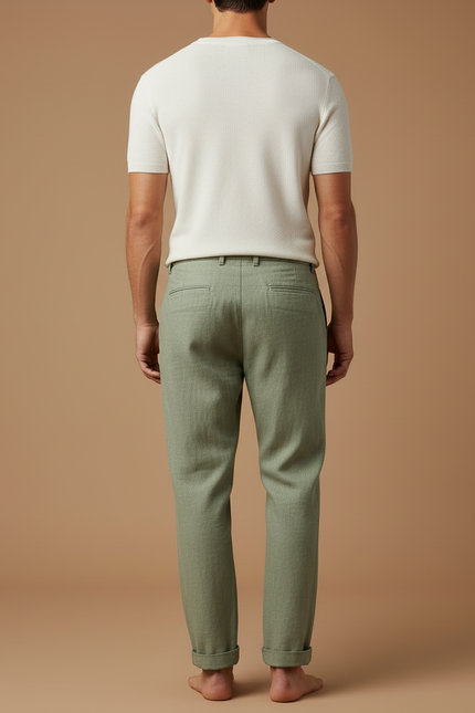Pantalon Beige Lin Coton Décontracté Droit Homme - Vert - vue 2