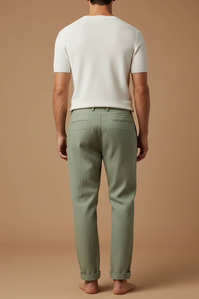 Pantalon Beige Lin Coton Décontracté Droit Homme - Vert - vue 2