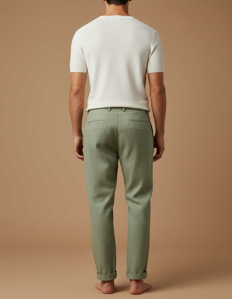 Pantalon Beige Lin Coton Décontracté Droit Homme - Vert - vue 2