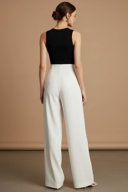 Pantalon Beige Femme Élégant Taille Haute Ample - Blanc Polyester - vue 2