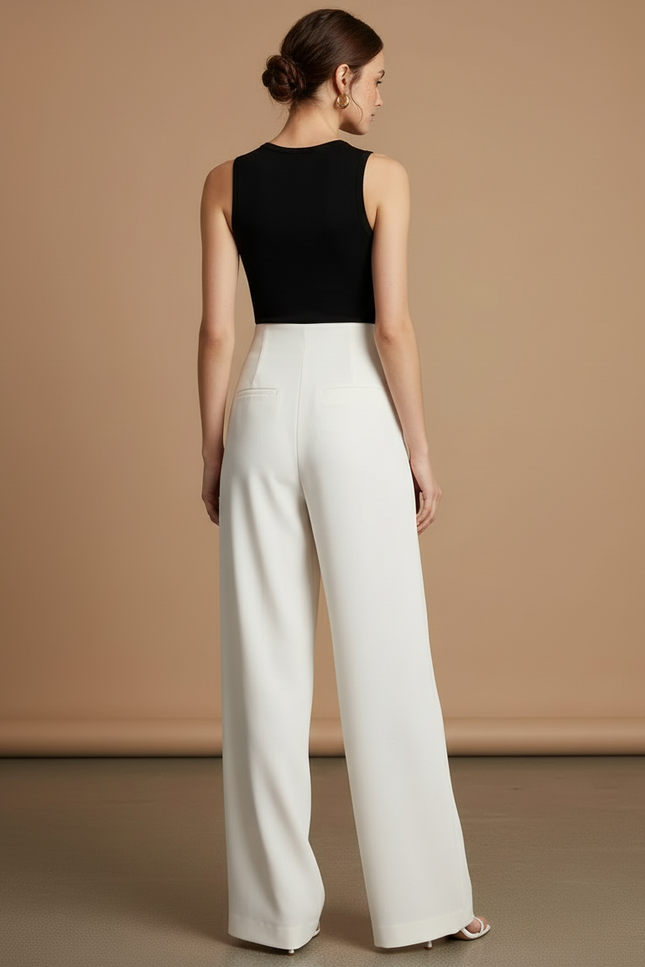 Pantalon Beige Femme Élégant Taille Haute Ample - Blanc Polyester - vue 2