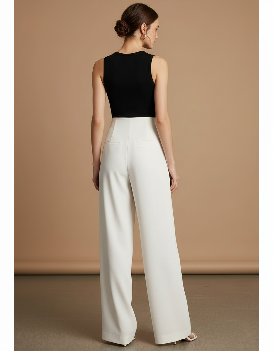 Pantalon Beige Femme Élégant Taille Haute Ample - Blanc Polyester - vue 2