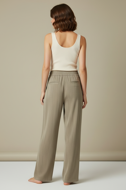 Pantalon Beige Fluide Ample Taille Élastique Confortable - Kaki Viscose - vue 2