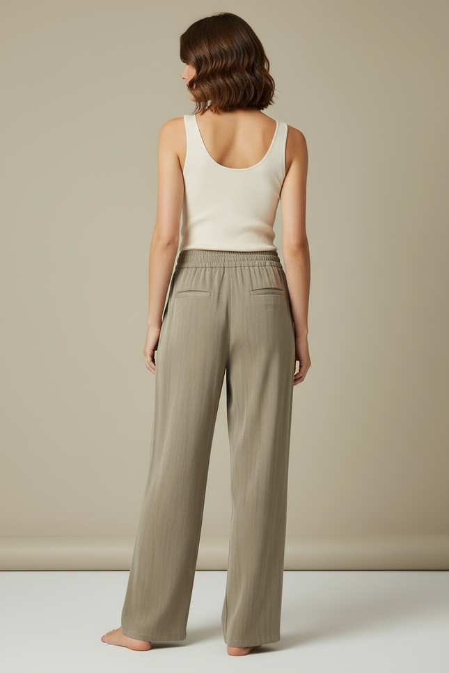 Pantalon Beige Fluide Ample Taille Élastique Confortable - Kaki Viscose - vue 2