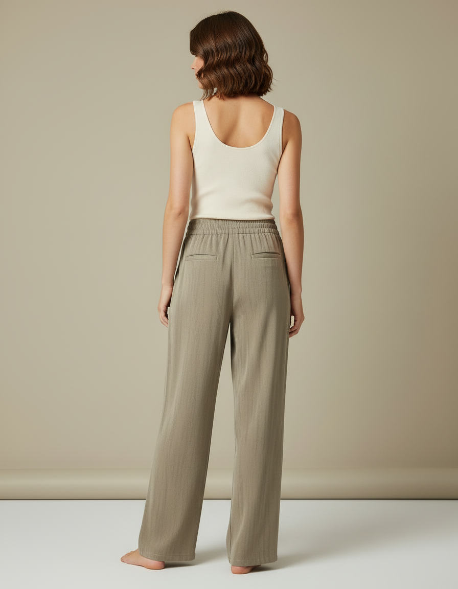 Pantalon Beige Fluide Ample Taille Élastique Confortable - Kaki Viscose - vue 2
