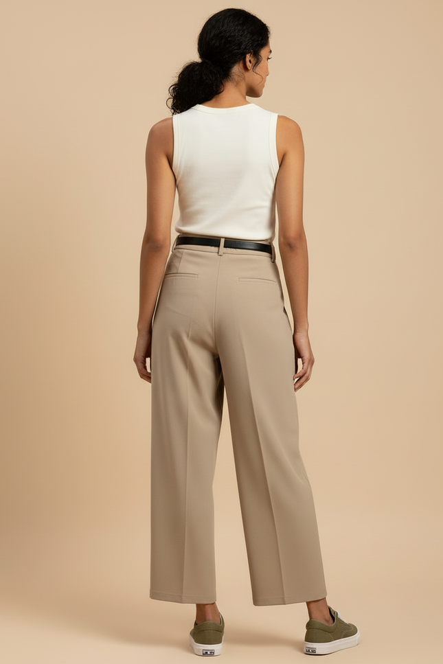 Pantalon Beige Plissé Droit Fluide Décontracté Élégant - Polyester - vue 2